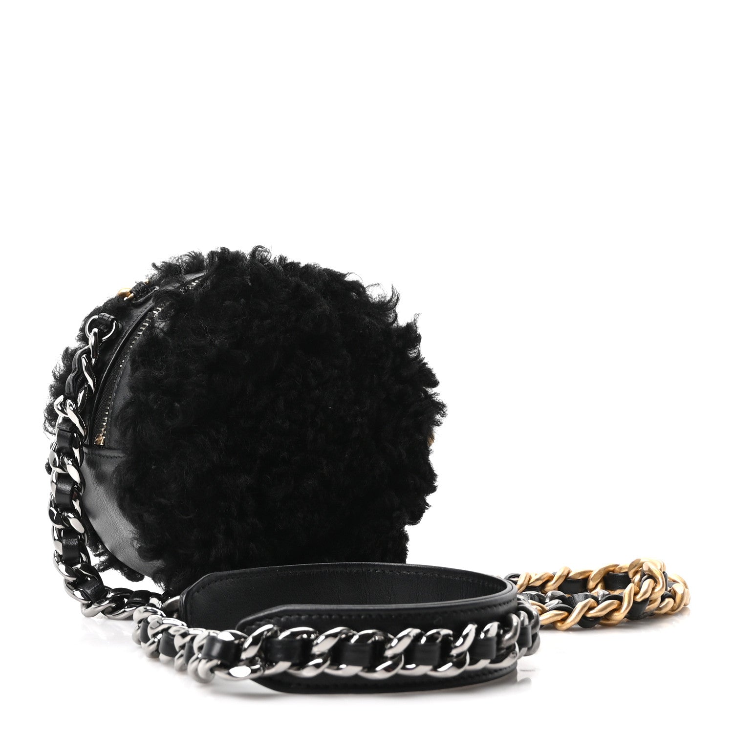 Chanel Shearling Sheepskin Chanel 19 Round Clutch With Chain Black 3 of 10