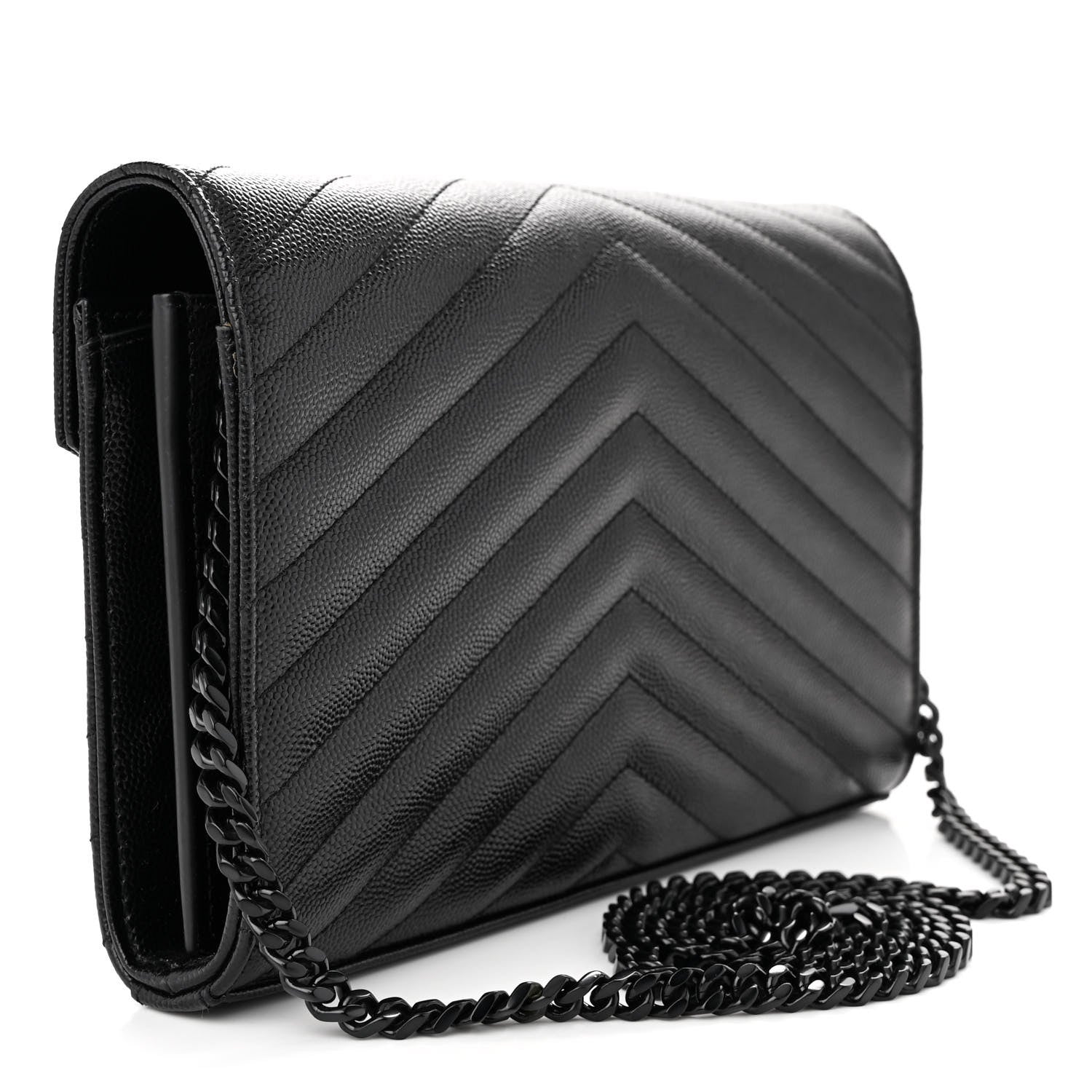 Saint Laurent Grain De Poudre Matelasse Chevron Monogram Monochrome Chain Wallet Black 3 of 11