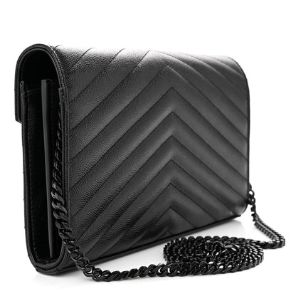 Saint Laurent Grain De Poudre Matelasse Chevron Monogram Monochrome Chain Wallet Black 3 of 11
