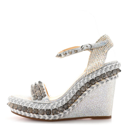Christian Louboutin Glitter Calfskin Rope Spiked Lata 110 Wedges 37 Silver 1 of 8