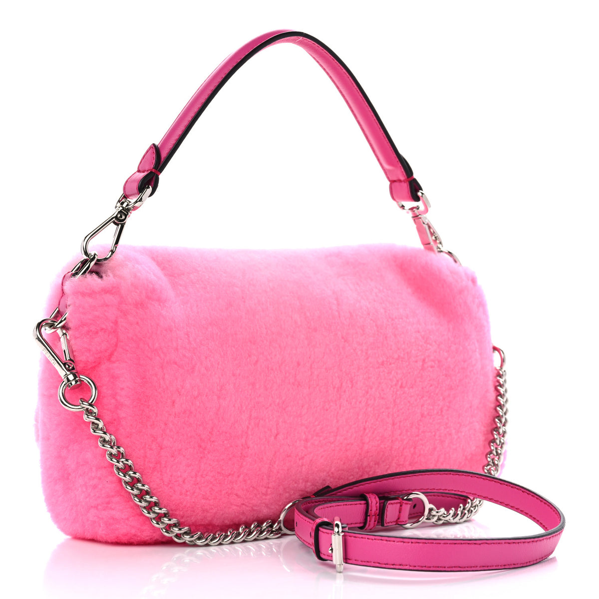 Fendi Shearling Shiny Nappa Baguette Rosa Fluo 3 of 9