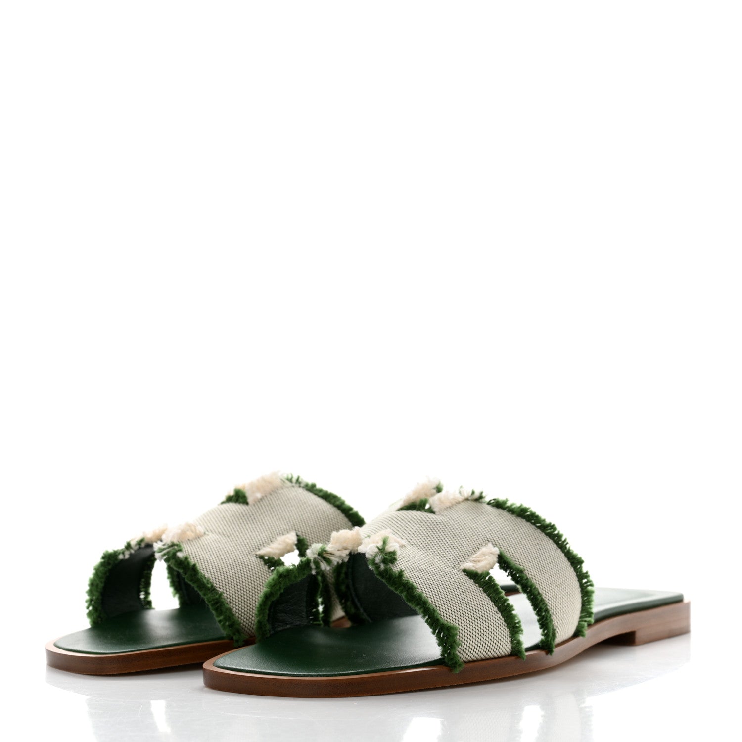 Hermes Calfskin Canvas Oran Fringe Sandals 37 Vert 3 of 9