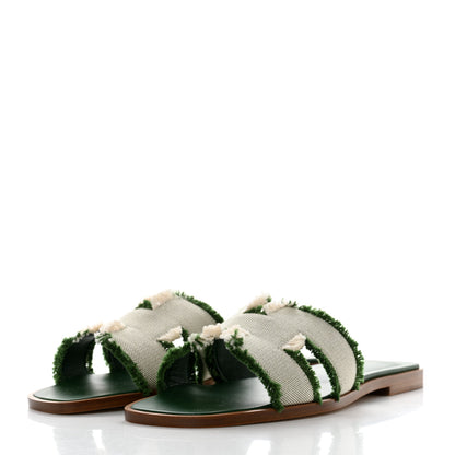 Hermes Calfskin Canvas Oran Fringe Sandals 37 Vert 3 of 9