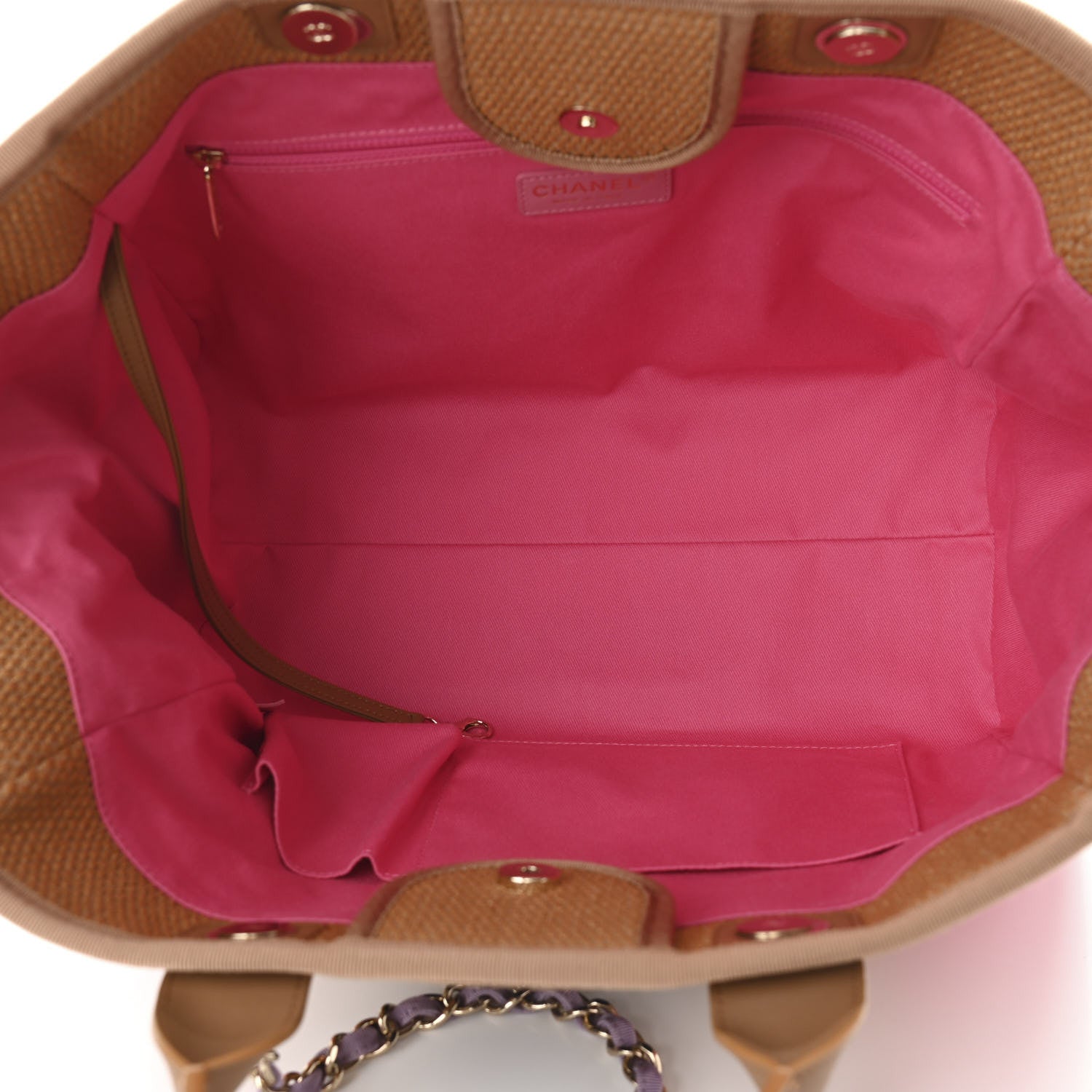 Chanel Straw Raffia Calfskin Striped Large Deauville Tote Dark Beige Fuchsia Navy Blue 4 of 9