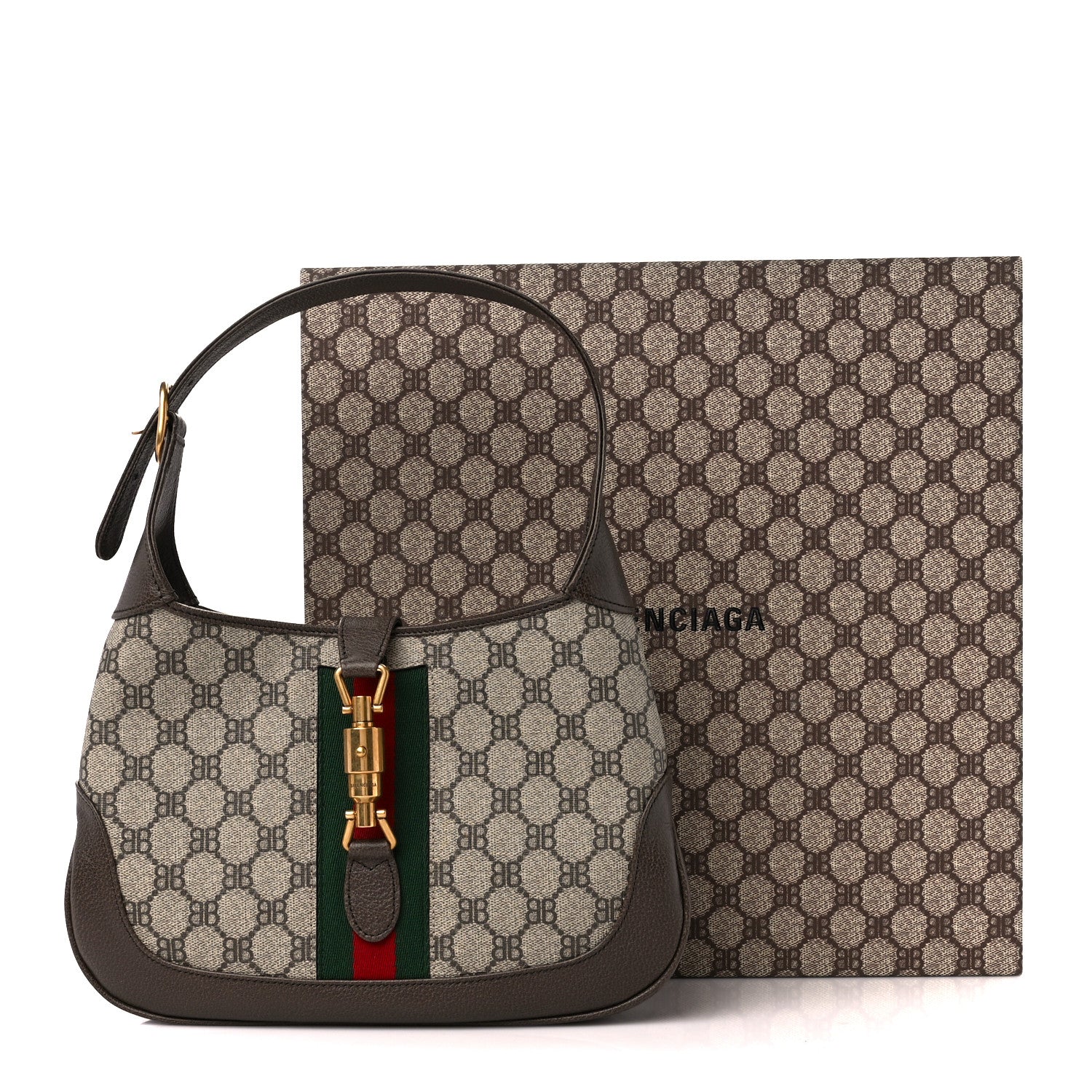 Gucci X BALENCIAGA BB Supreme Monogram Calfskin Web Small Jackie 1961 Hobo Beige Ebony 12 of 12