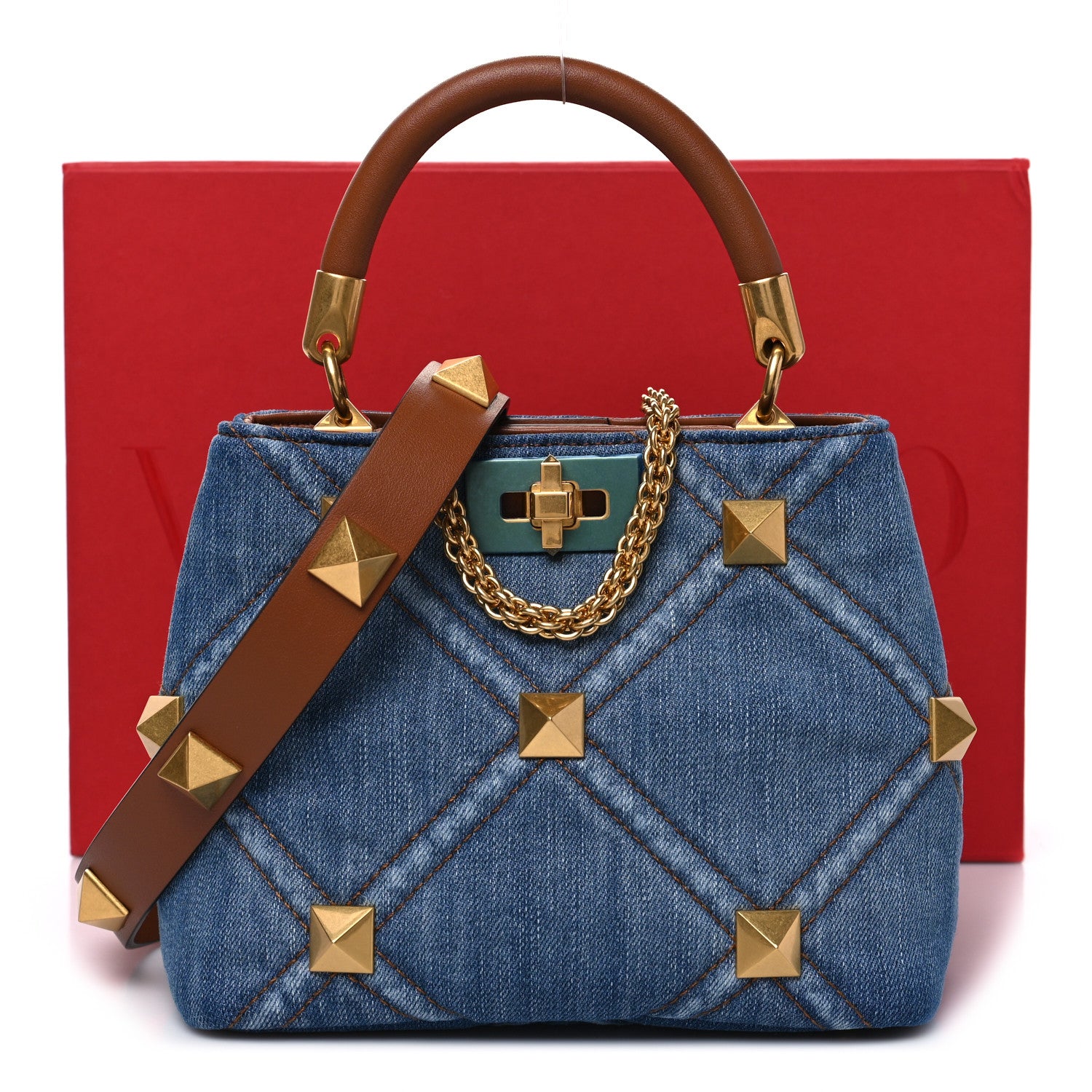 Valentino Garavani Denim Small Roman Stud The Handle Bag Light Denim Selleria 10 of 10