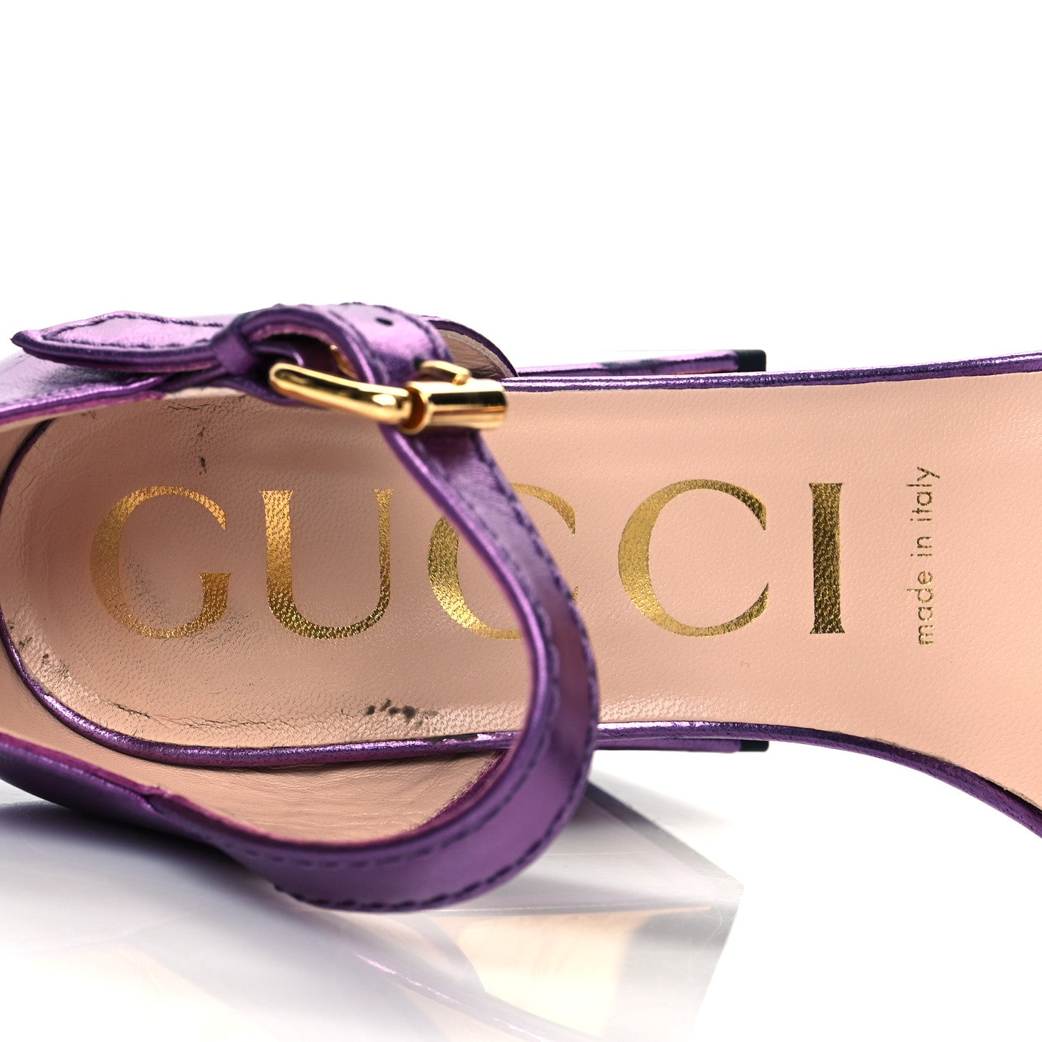 Gucci Metallic Nappa Horsebit Cross Strap 95mm Sandals 37.5 Violet 10 of 16
