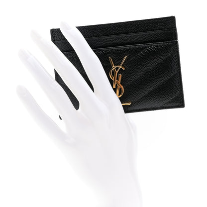Saint Laurent Grain De Poudre Matelasse Chevron Monogram Credit Card Case Black 2 of 9
