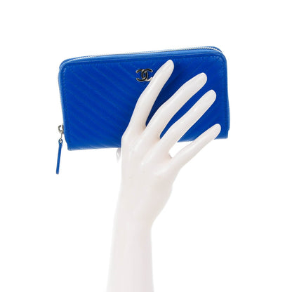 Chanel Caviar Chevron Quilted Small Zip Around Wallet Bright Blue 2 of 8