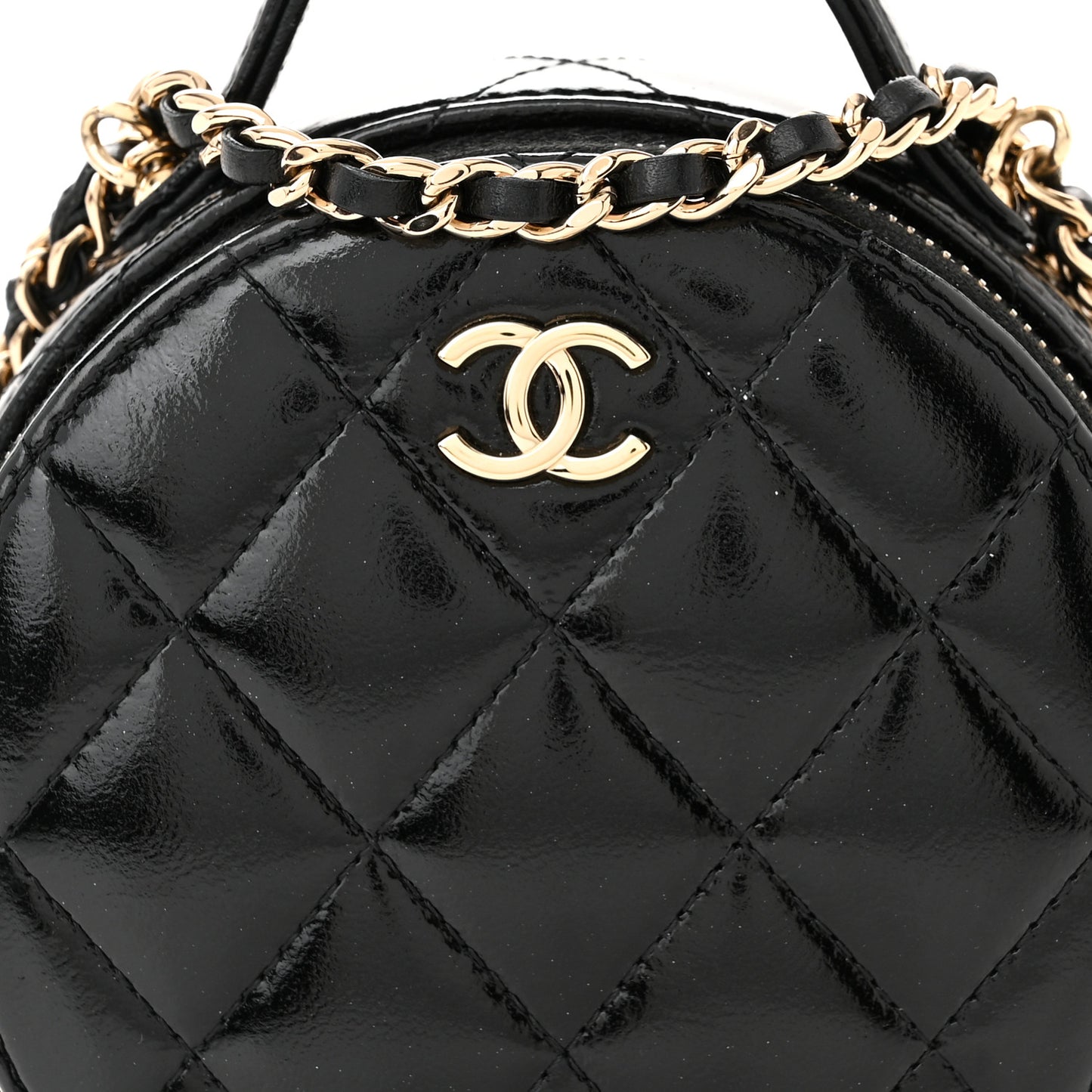 Patent Lambskin Round Handle With Care Vanity With Chain Black