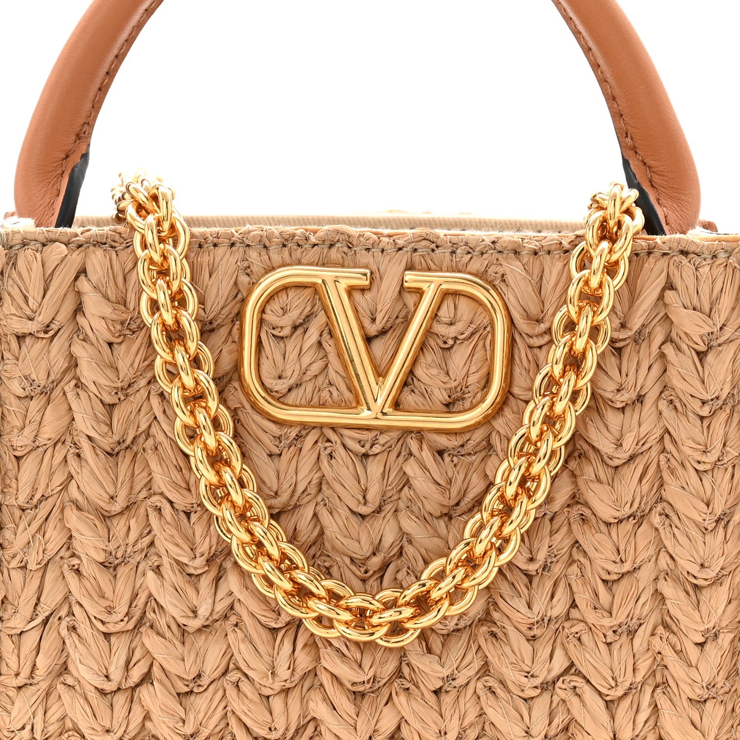 Raffia Calfskin Vlogo Top Handle Bag Naturale Light Brown