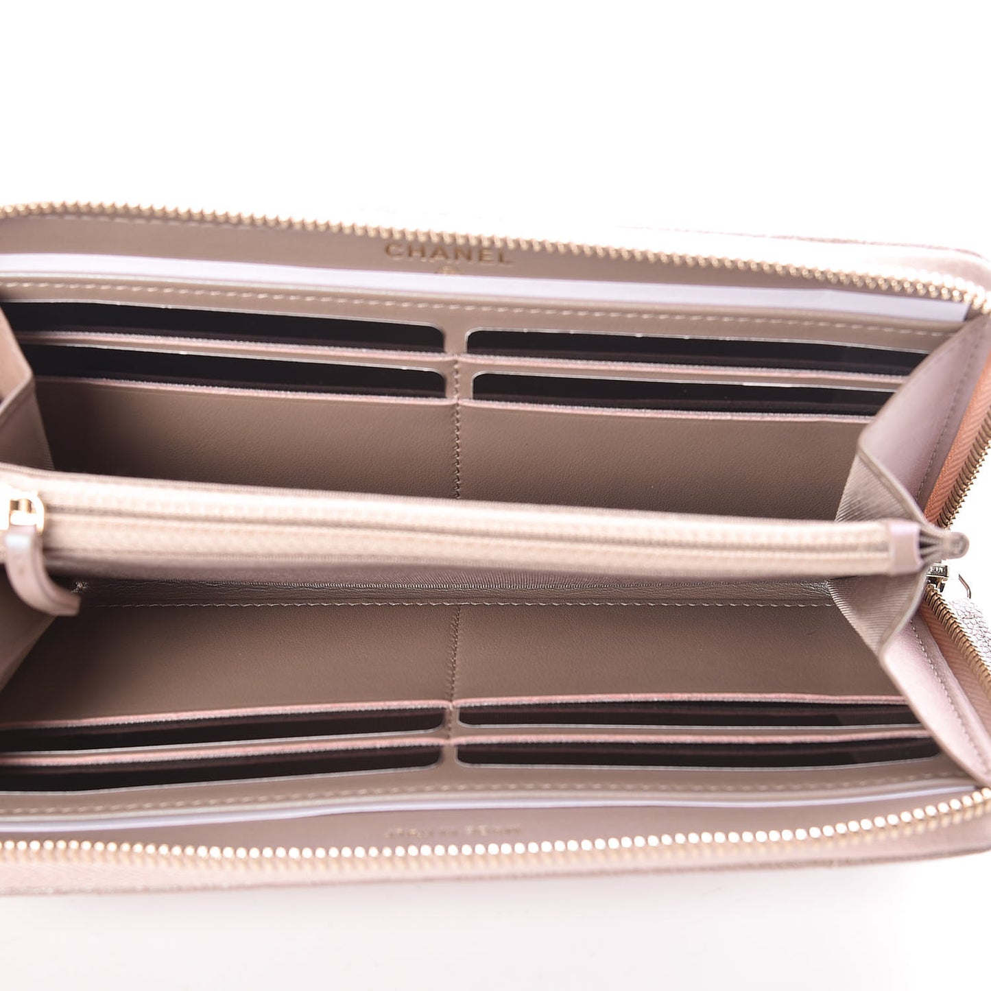 Iridescent Caviar Quilted Long Zip Around Wallet Beige