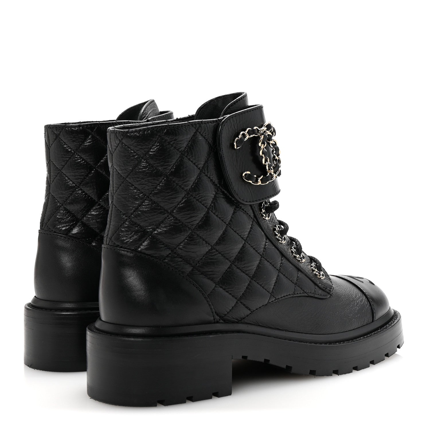 Chanel Shiny Goatskin Calfskin Quilted Lace Up Combat Boots 37 Black 5 of 10