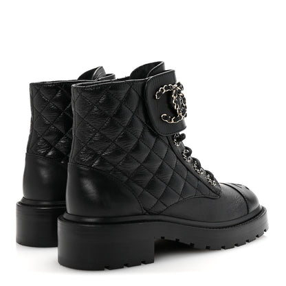 Chanel Shiny Goatskin Calfskin Quilted Lace Up Combat Boots 37 Black 5 of 10