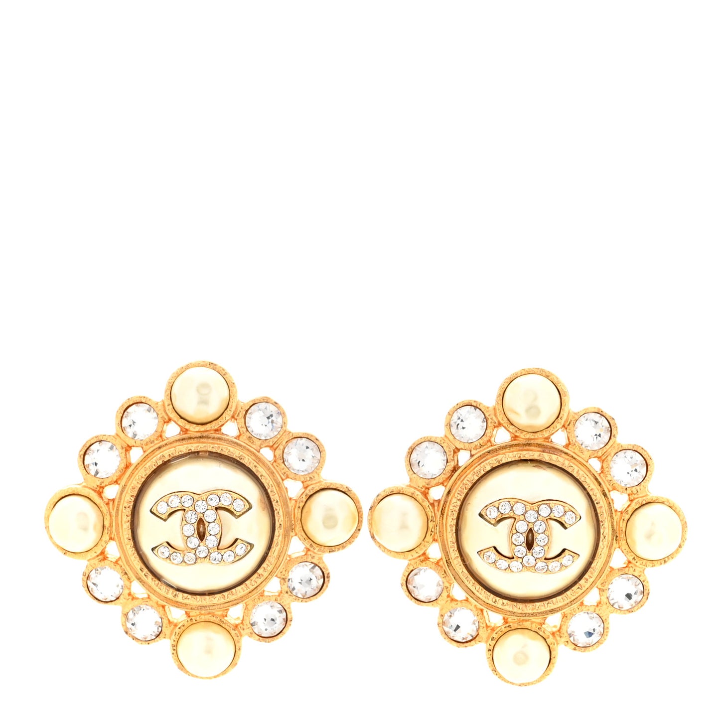 Pearl Crystal CC Round Earrings Gold