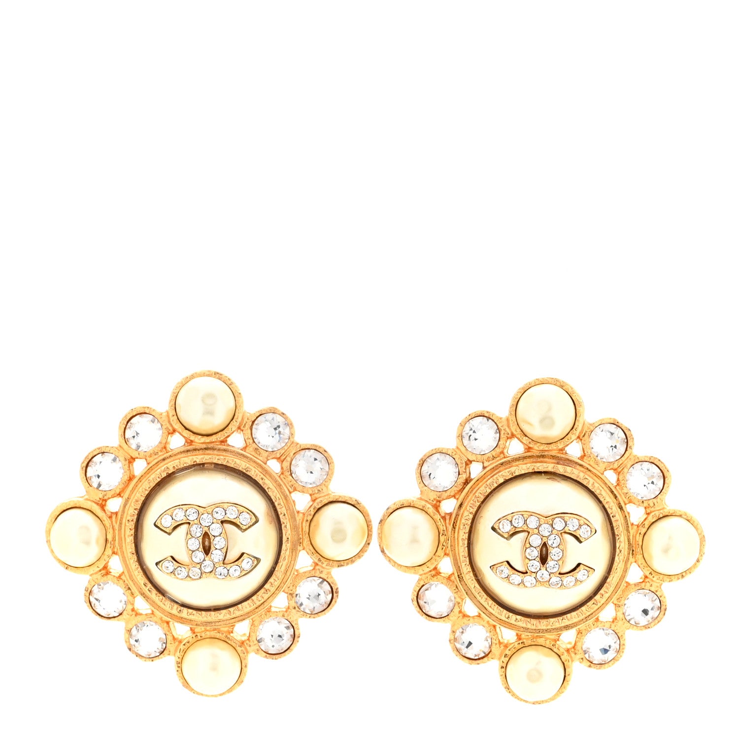 Chanel Pearl Crystal CC Round Earrings Gold 1 of 5