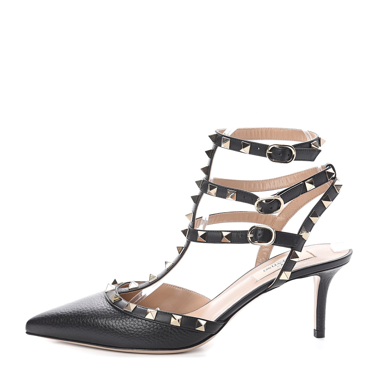 Pebbled Calfskin Rockstud Ankle Strap Low Heel Pumps 39 Black
