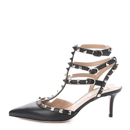 Valentino Garavani Pebbled Calfskin Rockstud Ankle Strap Low Heel Pumps 39 Black 1 of 7