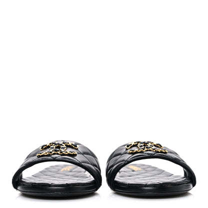 Chanel Shiny Goatskin Quilted CC Mules Sandals 40 Black 3 of 11