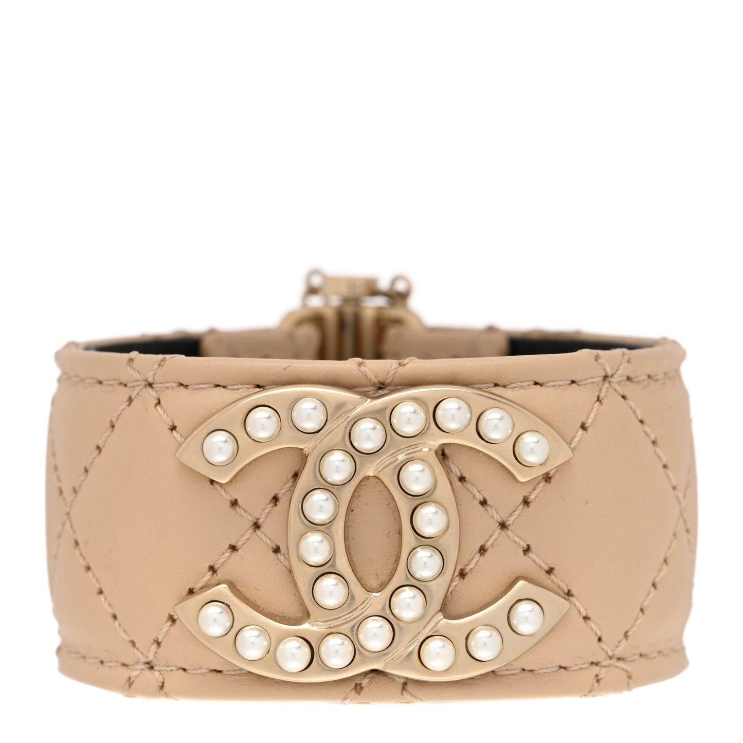 Lambskin Quilted Pearl CC Cuff Bracelet Beige