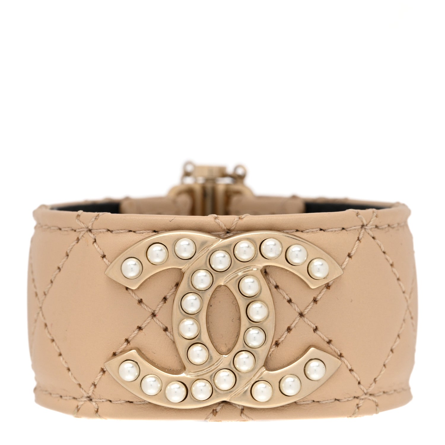 Chanel Lambskin Quilted Pearl CC Cuff Bracelet Beige 1 of 5
