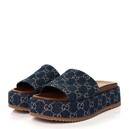 Gucci New Denim GG Monogram Angelina Platform 55mm Slide Sandals 38.5 Blue Tea 3 of 9