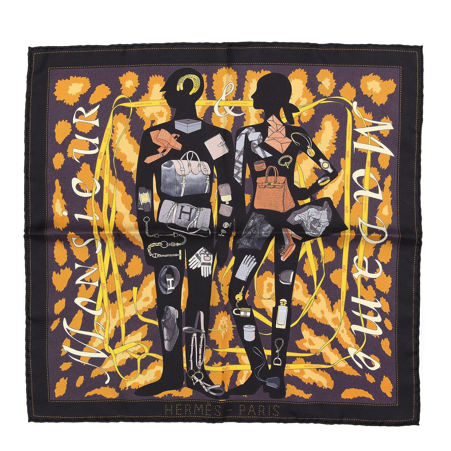Hermes Silk Gavroche Monsieur et Madame Pocket Square Scarf Ebene Prune Or 1 of 7