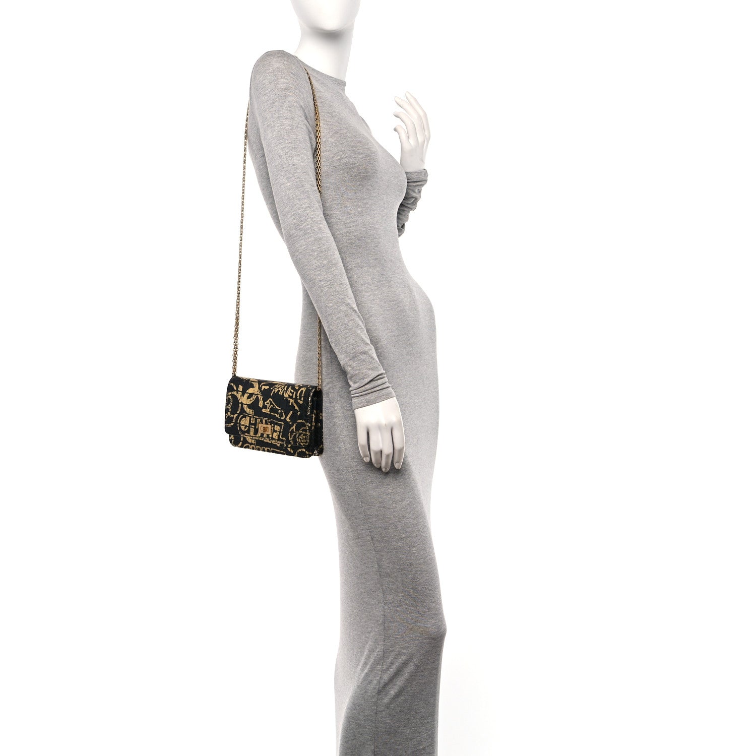 Chanel Calfskin Crocodile Embossed Graffiti 2.55 Cocodile Reissue Wallet On Chain WOC Black Gold 3 of 10