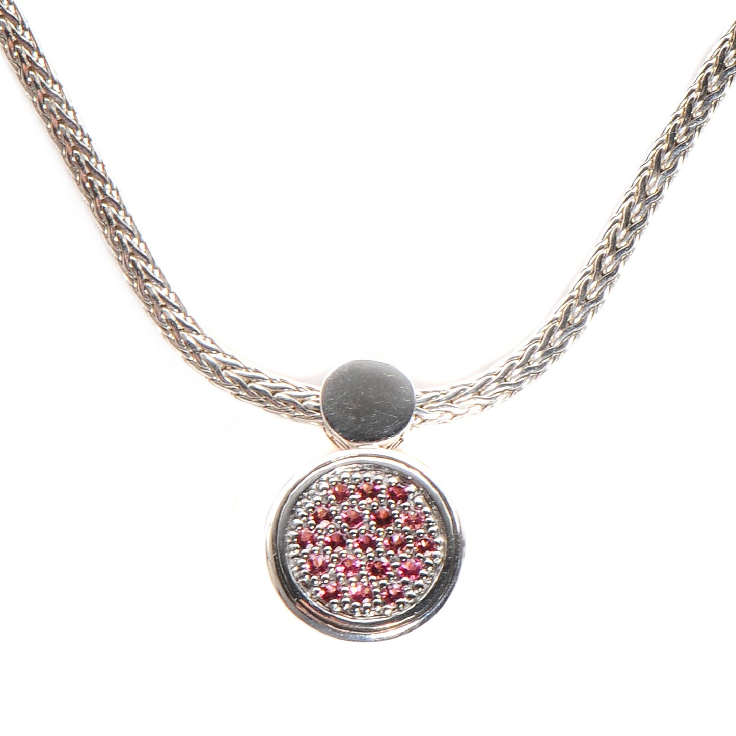 Sterling Silver Pink Sapphires 20mm Dot Round Drop Pendant Necklace
