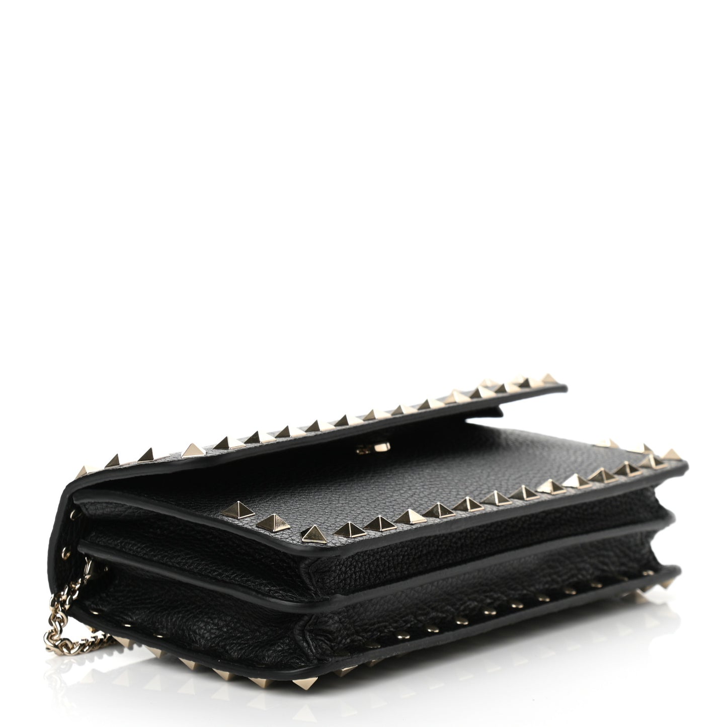Pebbled Calfskin Rockstud Flap Wallet On Chain Black