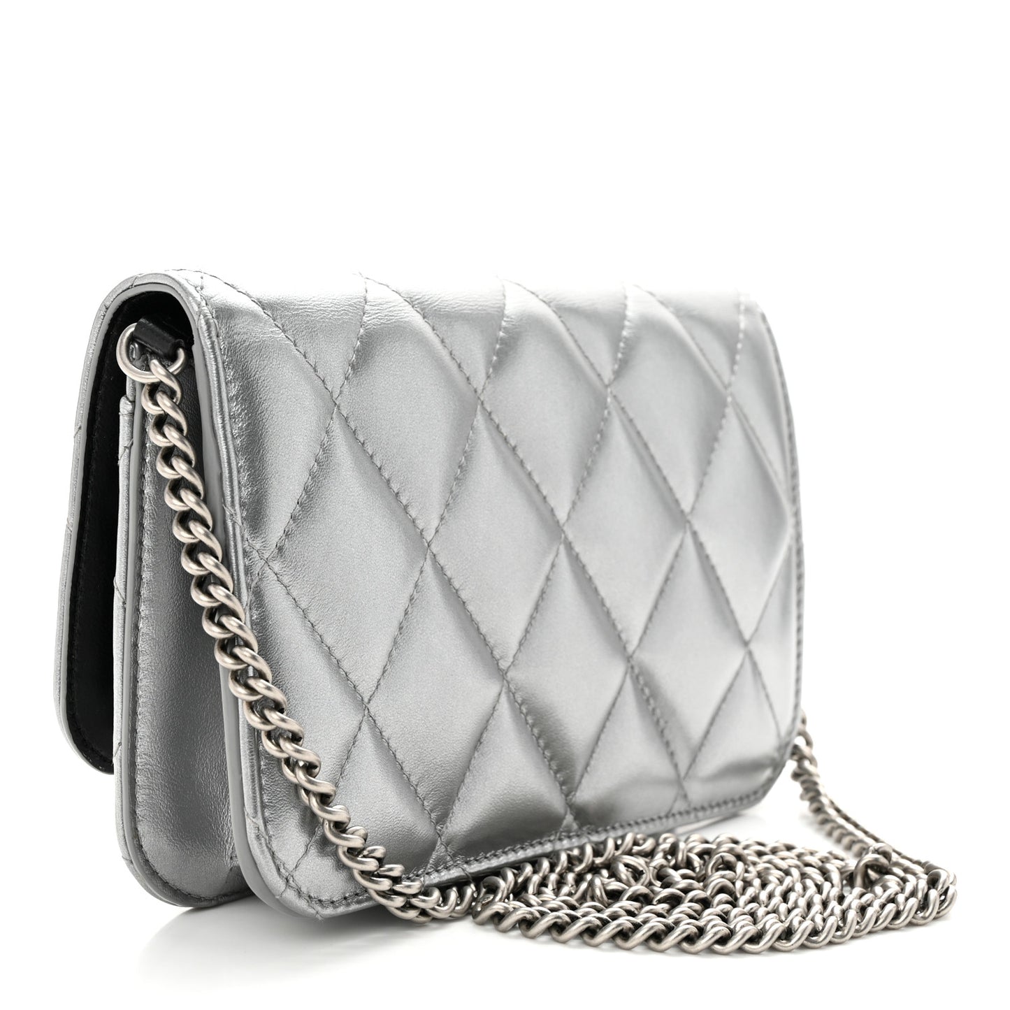 Metallic Calfskin Quilted Touch B Wallet On Chain Silver