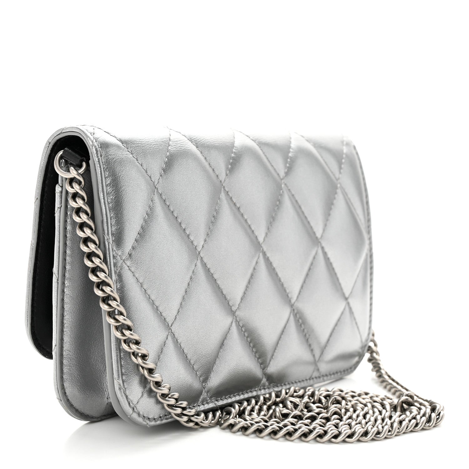 Balenciaga Metallic Calfskin Quilted Touch B Wallet On Chain Silver 3 of 9