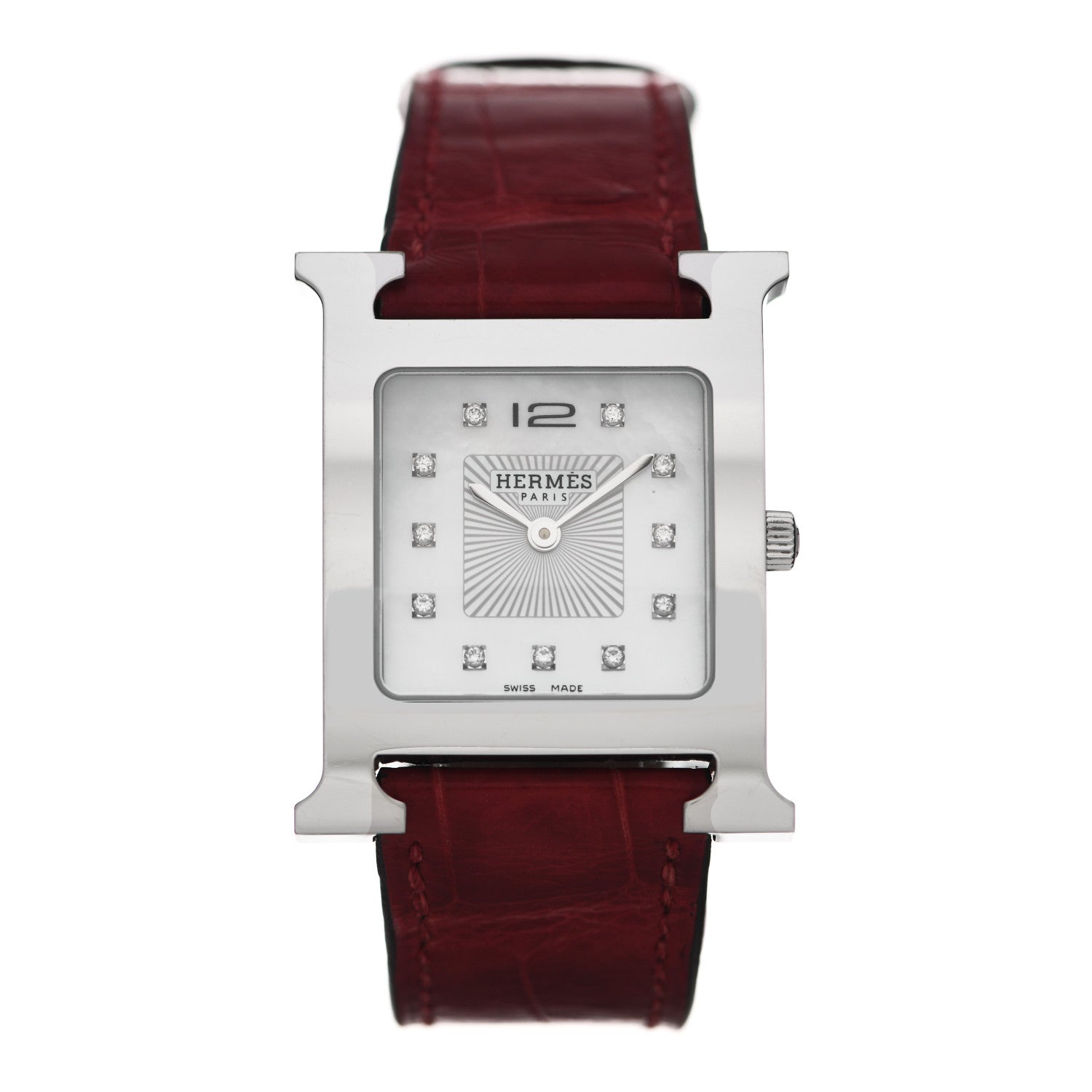 Hermes Stainless Steel Alligator Diamond Mother of Pearl 26mm Heure H Hour Quartz Watch Braise 1 of 6