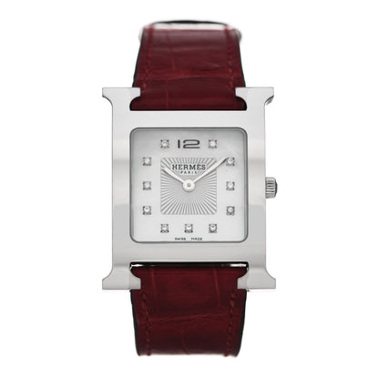 Hermes Stainless Steel Alligator Diamond Mother of Pearl 26mm Heure H Hour Quartz Watch Braise 1 of 6