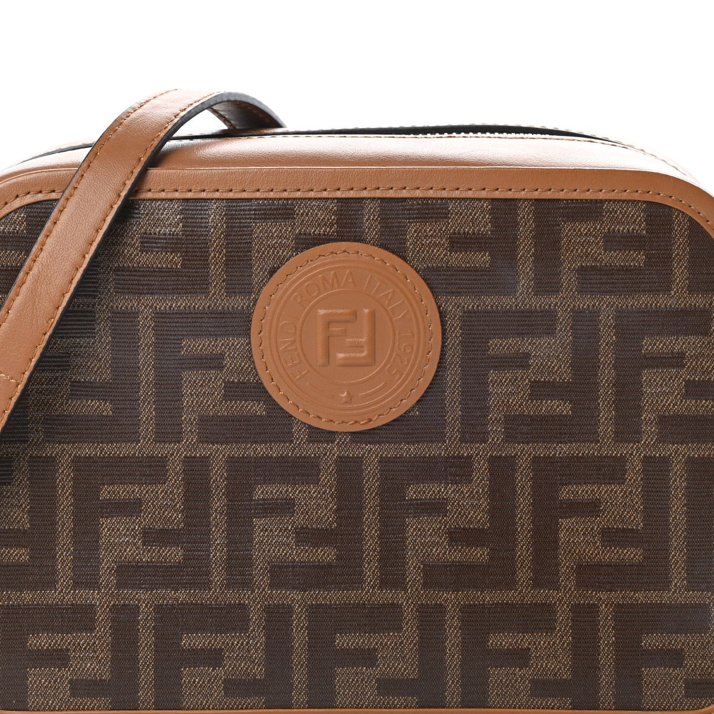 Glazed Fabric Vitello Century FF 1974 Stamp Patch Camera Case Mogano Panna Caramello