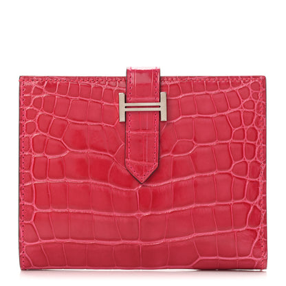 Hermes Shiny Alligator Bearn Compact Wallet Rose Extreme 1 of 8
