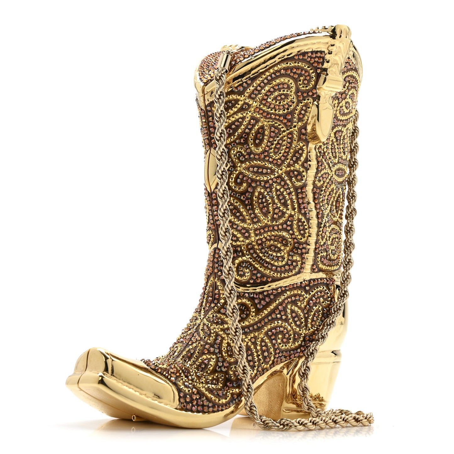 Swarovski Crystal Cowboy Boot Austin Minaudiere Clutch Gold Brown