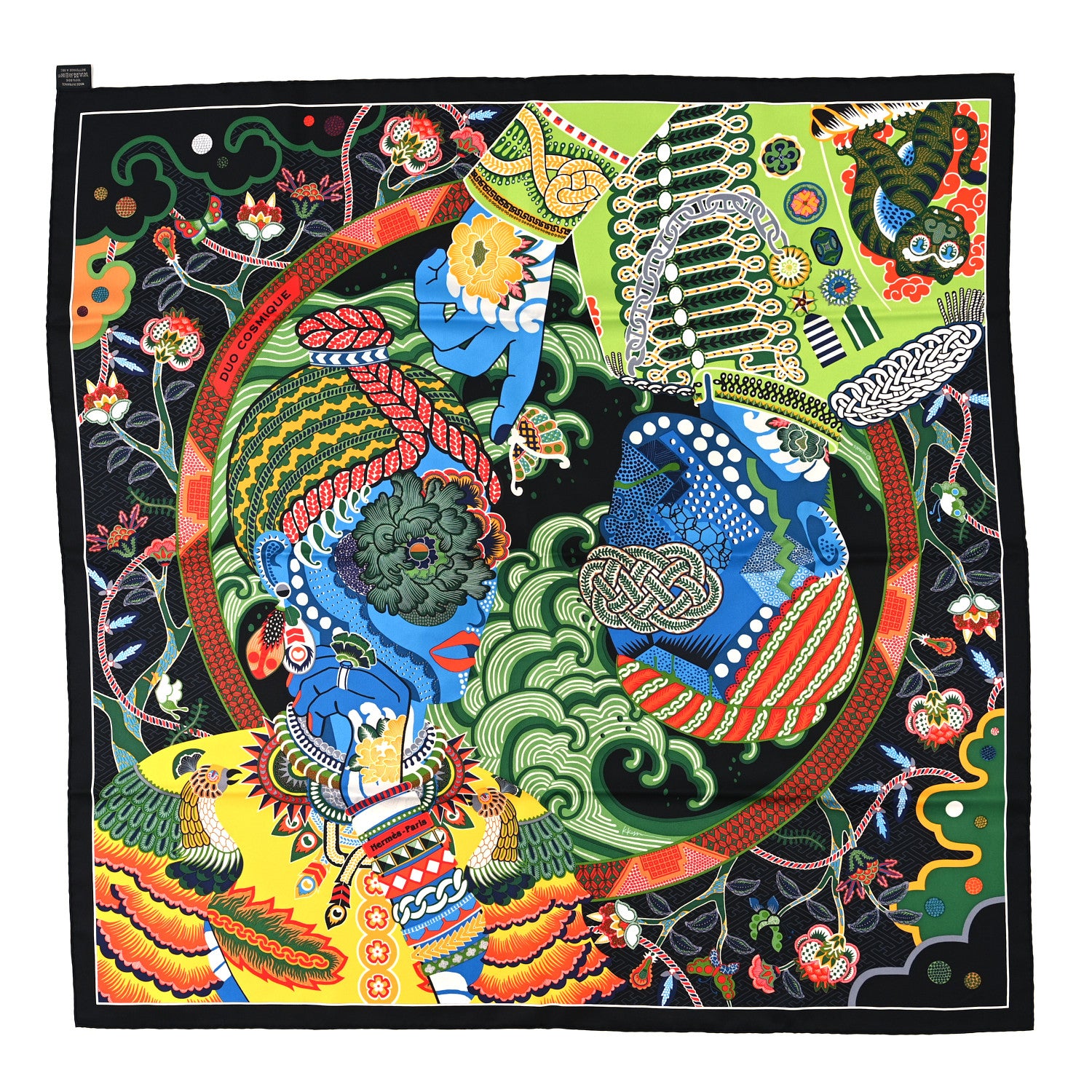 Hermes Silk Twill Duo Cosmique Scarf 90 Black Vert Multicolor 1 of 4