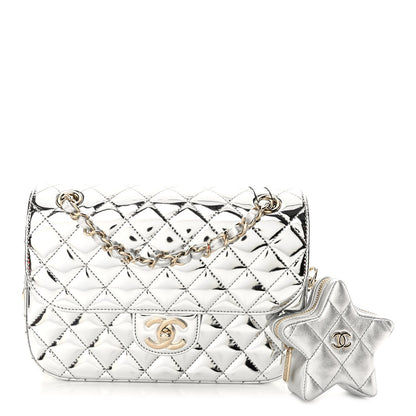 Chanel Mirror Calfskin Metallic Calfskin Medium Hollywood Boulevard Flap With Star Coin Purse Silvery 1 of 11