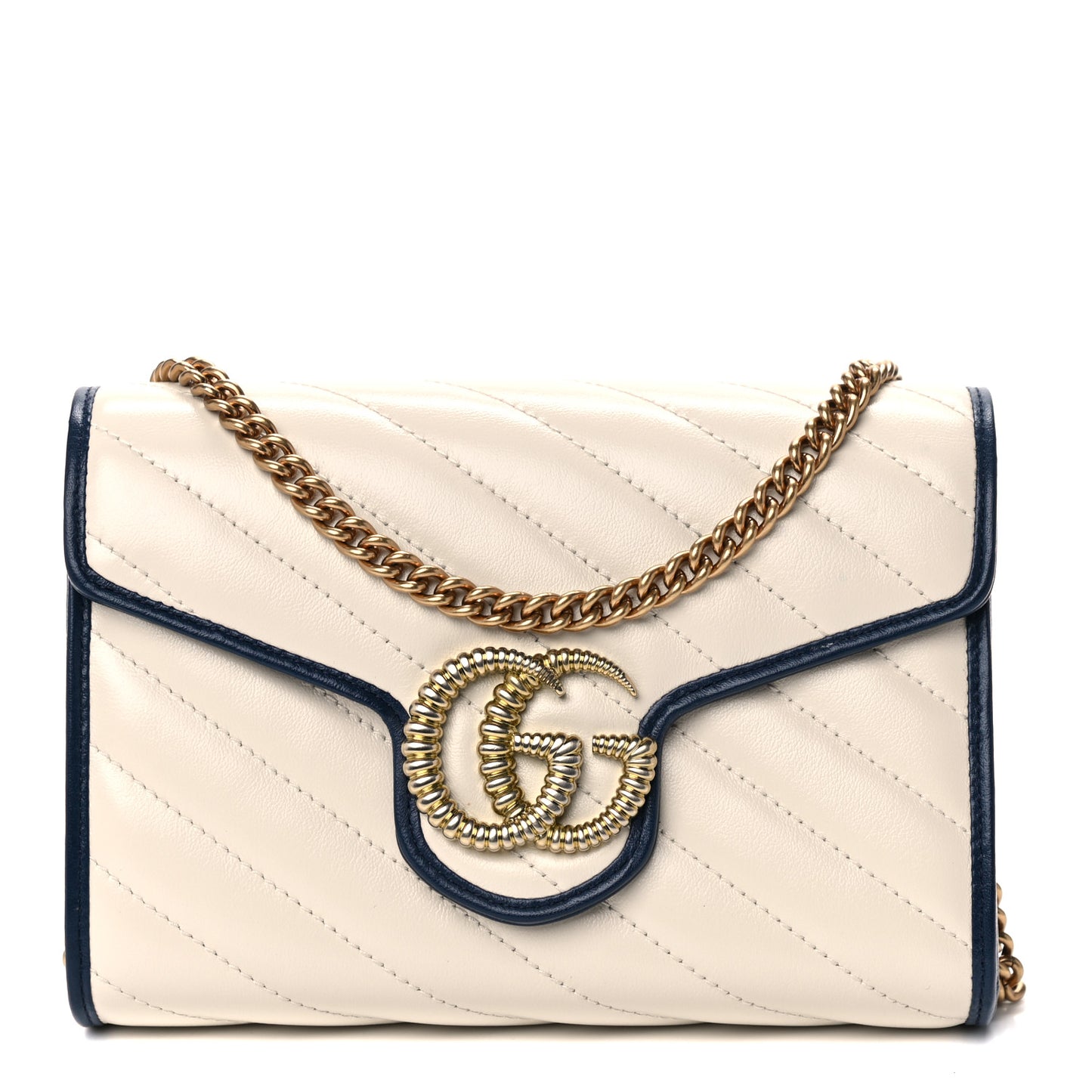 Vintage Effect Calfskin Matelasse Diagonal Torchon GG Marmont Chain Wallet Mystic White Blue Agata