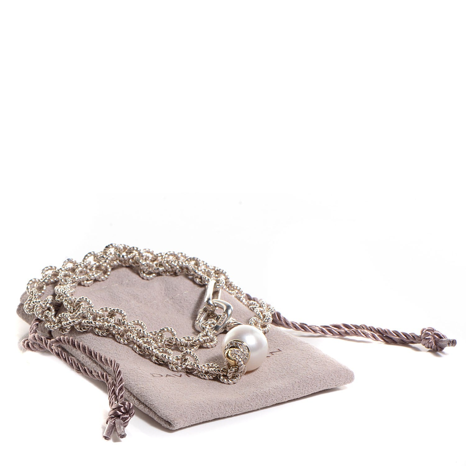 David Yurman Sterling Silver 18K Gold Pearl Pave Diamond Cable Link Necklace 6 of 6
