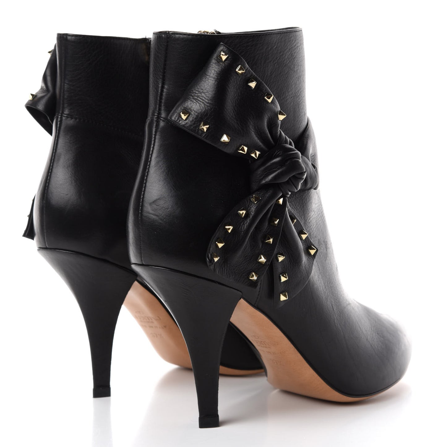 Calfskin Rockstud Bow Embellished Ankle Booties 37.5 Black