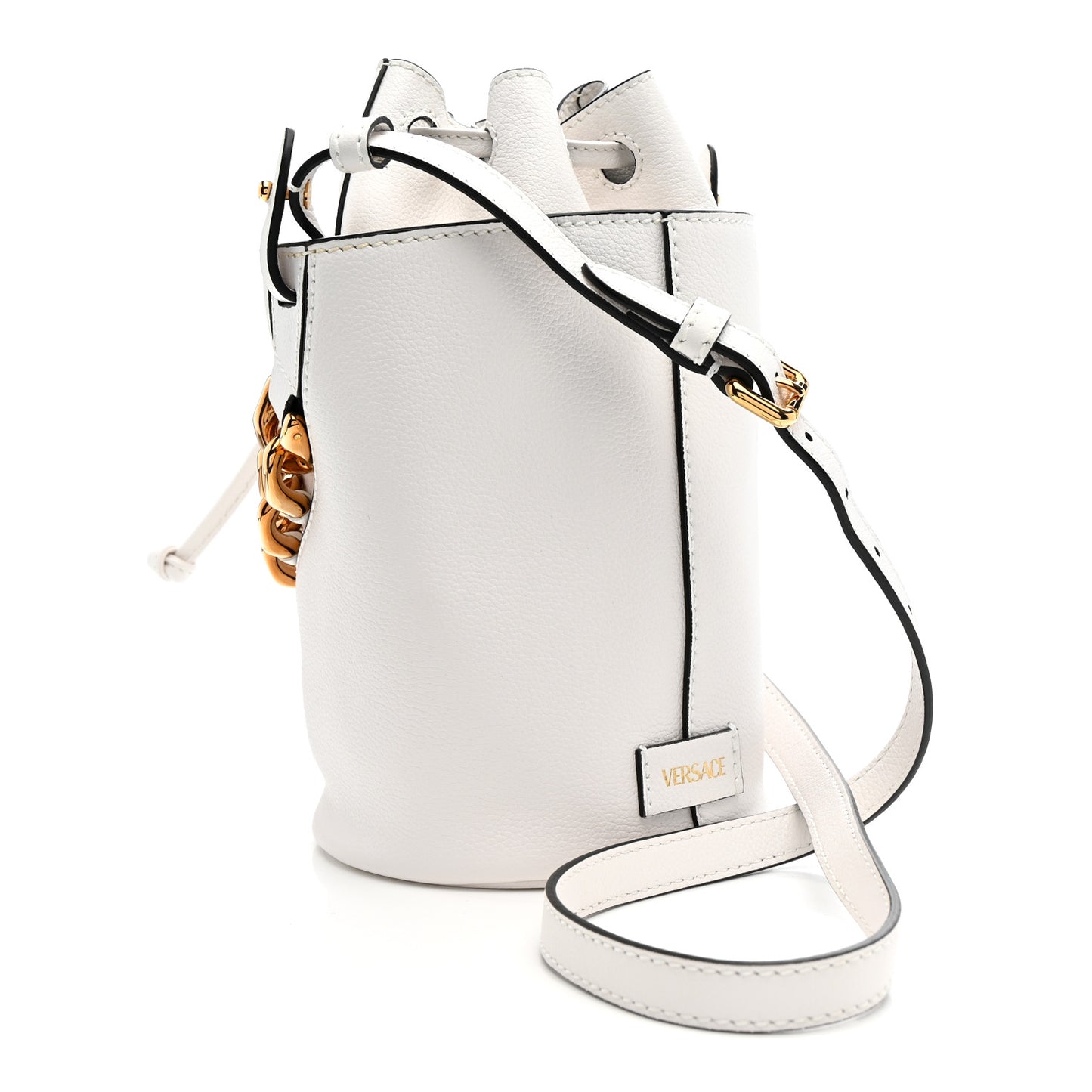 Grained Calfskin La Medusa Drawstring Bucket Bag Optical White