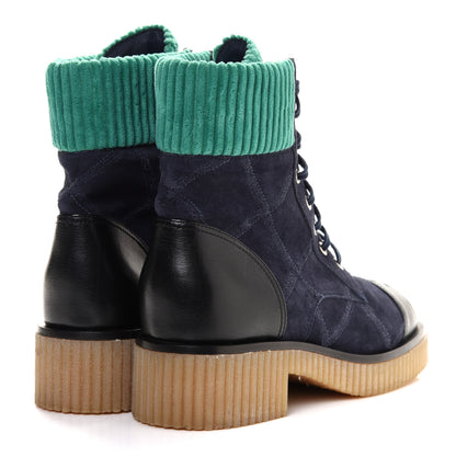 Chanel Suede Calfskin Velvet Quilted CC Combat Boots 39.5 Navy Green Black 4 of 8
