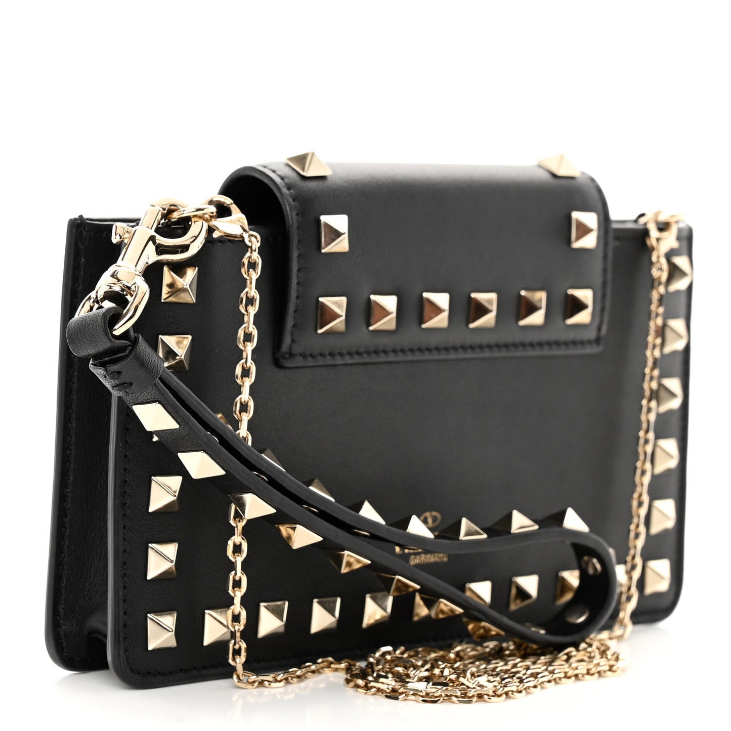 Calfskin Rockstud Phone Case With Chain Black