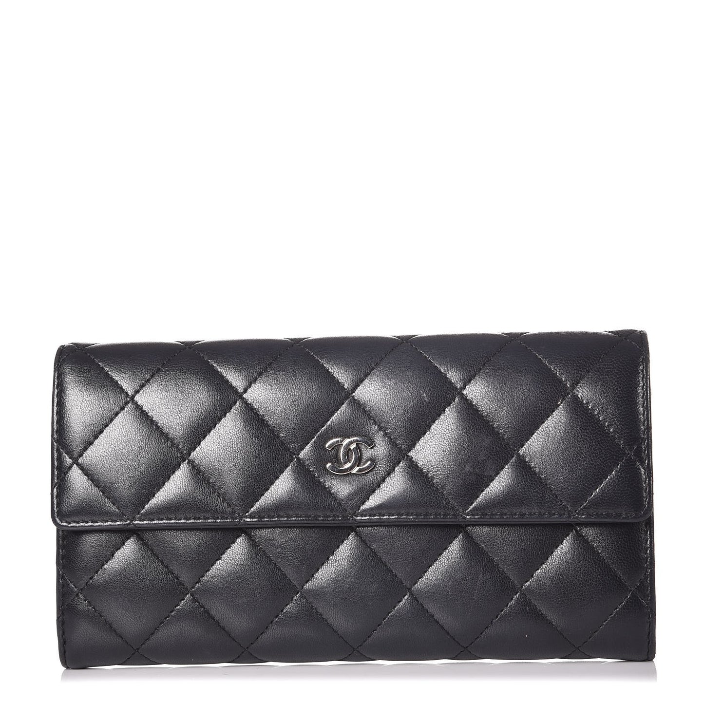 Lambskin Quilted Large Gusset Flap Wallet Black