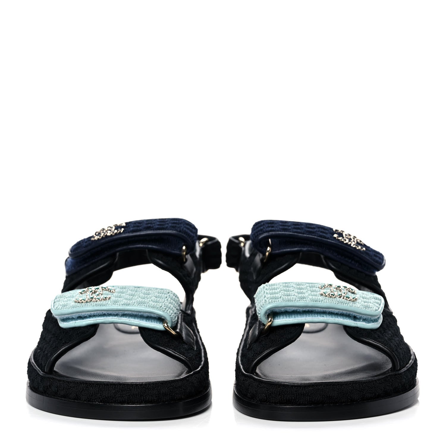 Chanel Knit Fabric Velcro Dad Sandals 41 Black Dark Blue Light Blue 2 of 10
