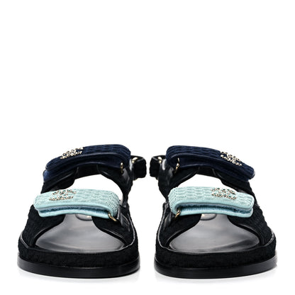 Chanel Knit Fabric Velcro Dad Sandals 41 Black Dark Blue Light Blue 2 of 10