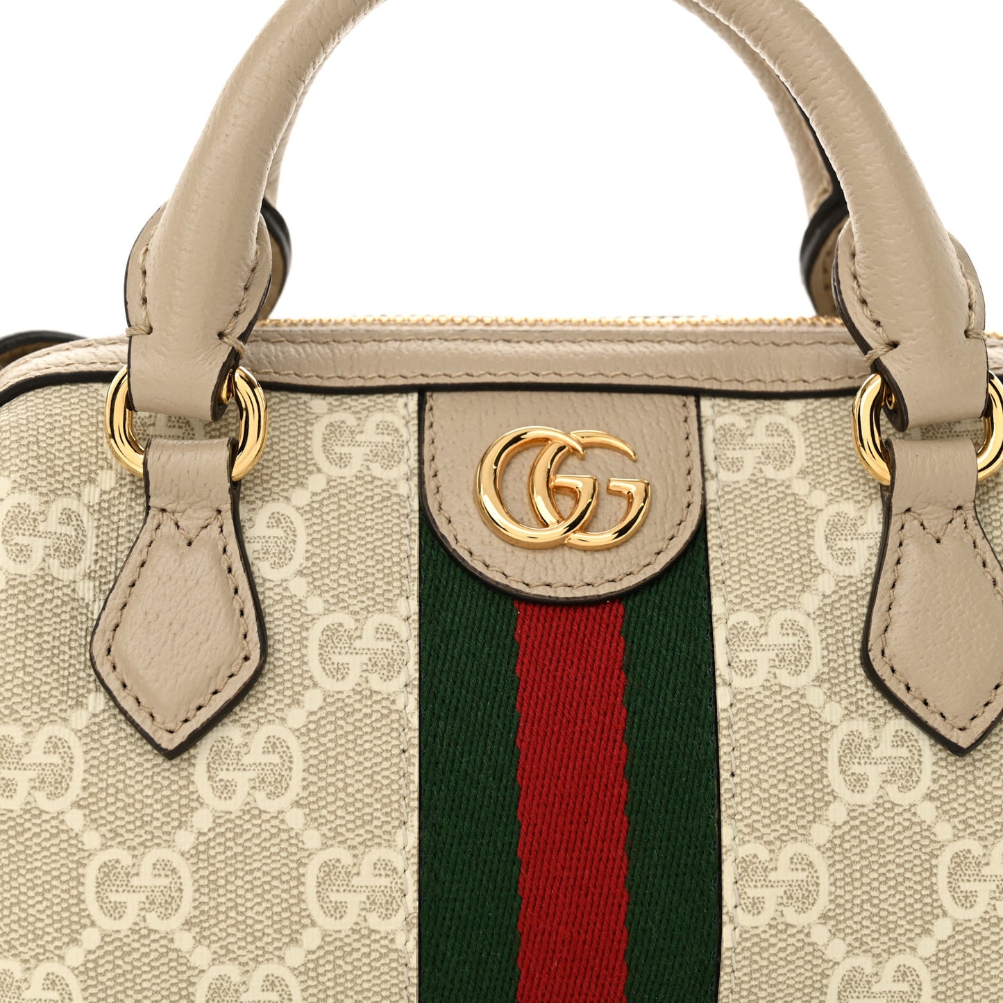 GG Supreme Monogram Textured Dollar Calfskin Web Super Mini Ophidia Top Handle Bowler Bag Beige Mystic White Oatmeal