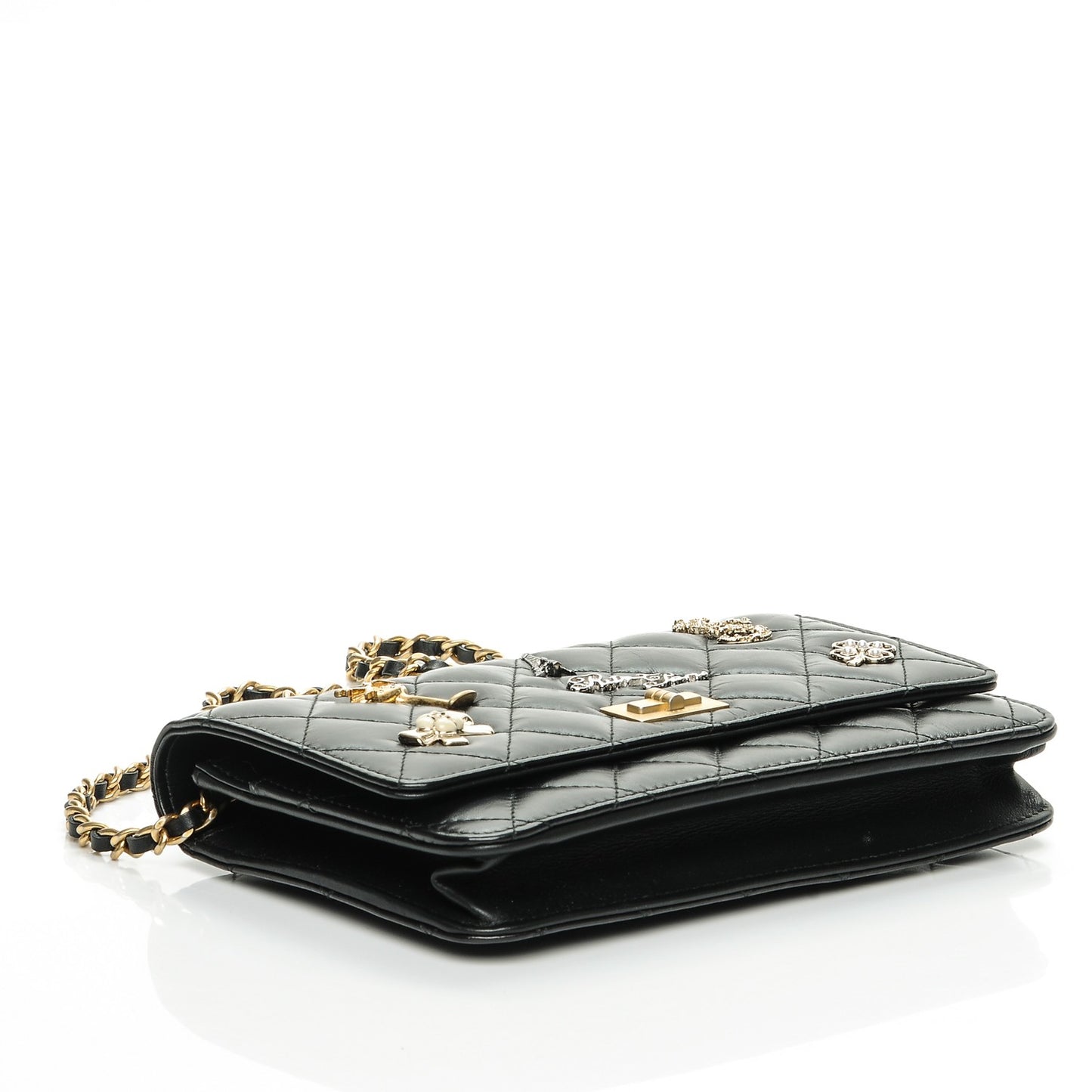 Aged Calfskin Quilted Lucky Charms 2.55 Reissue Wallet On Chain WOC Black